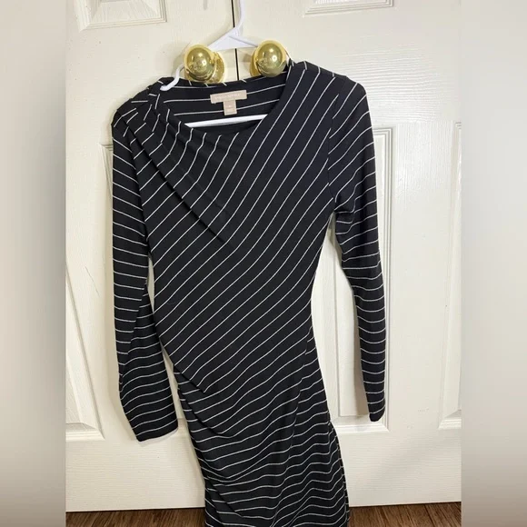 Banana Republic Asymmetrical Striped Midi Dress Long Sleeve Black White M - Picture 1 of 3